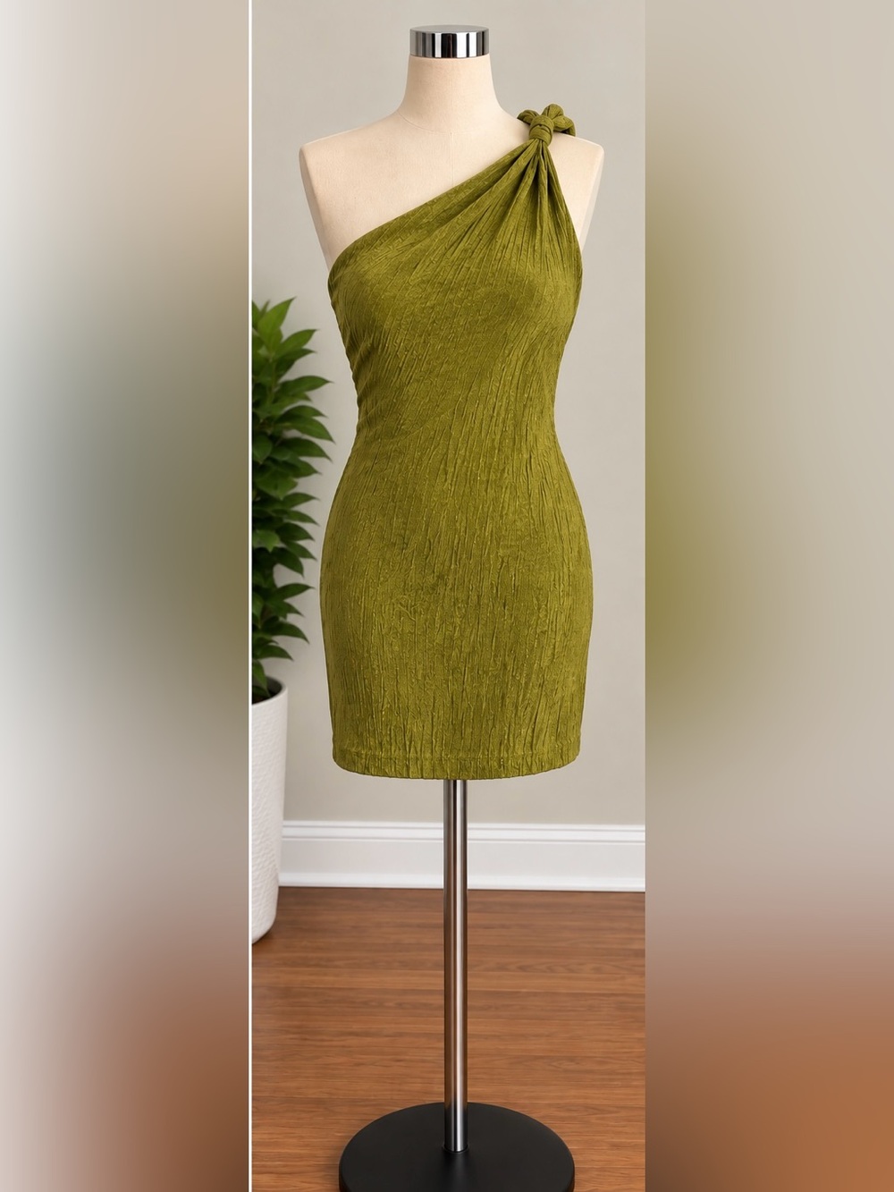 Olive Green One Shoulder Bodycon Mini Dress Knot Detail